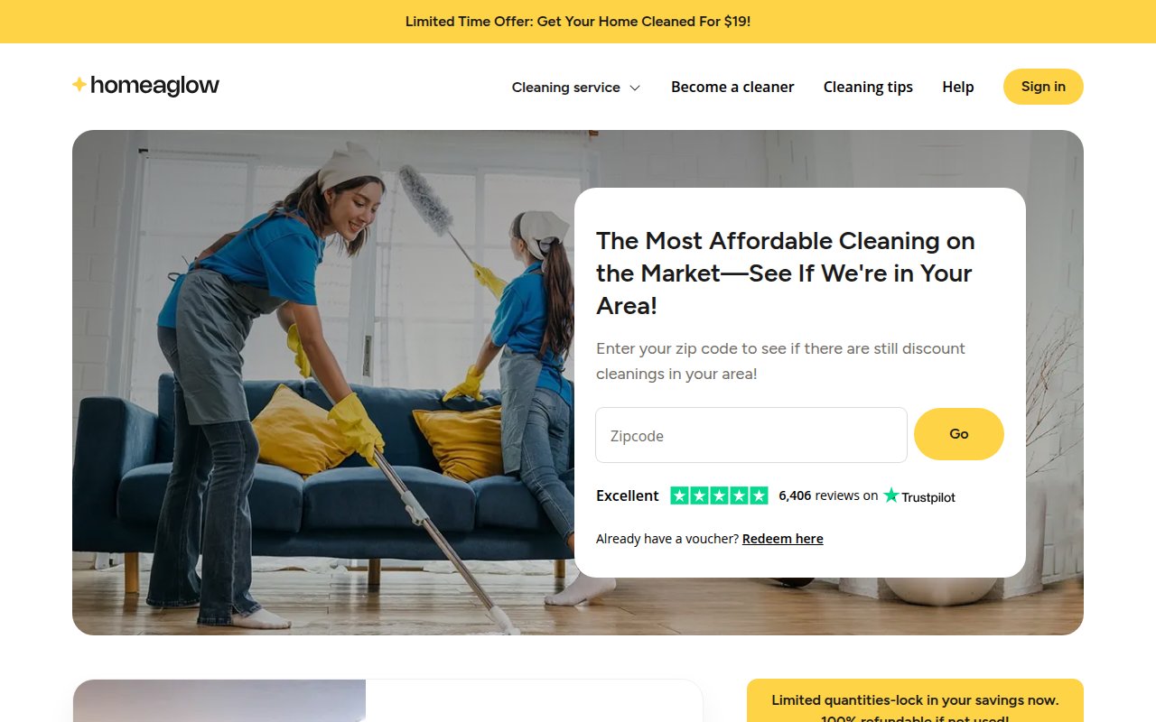 Homeaglow homepage with ZIP code availability check, 19-dollar first cleaning offer, and 4.8 out of 5 Trustpilot rating