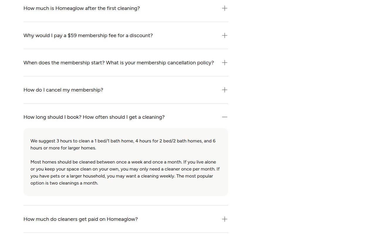 Homeaglow services page showing cleaning options with online scheduling and payment integration