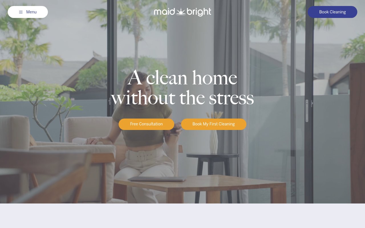 Maid Bright homepage with video hero section, Free Consultation CTA, and 95 percent repeat client rate callout