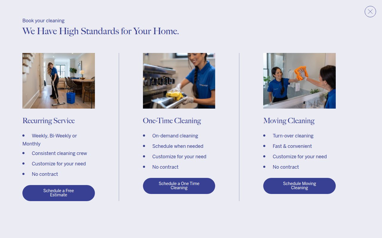 Maid Bright services page showing residential and commercial cleaning options with booking CTAs