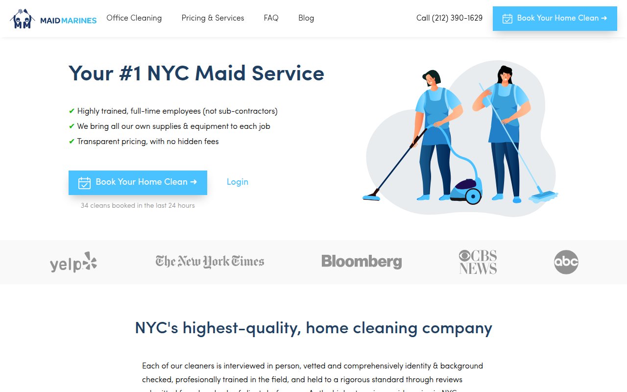 Maid Marines homepage with Book in 30 seconds CTA, upfront pricing, and media logos from NYT, Bloomberg, CBS News