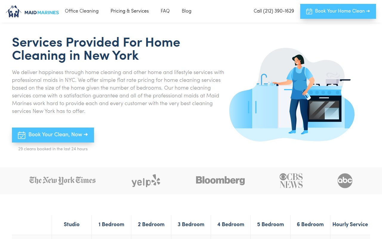 Maid Marines services page showing 55-point cleaning checklist and service descriptions