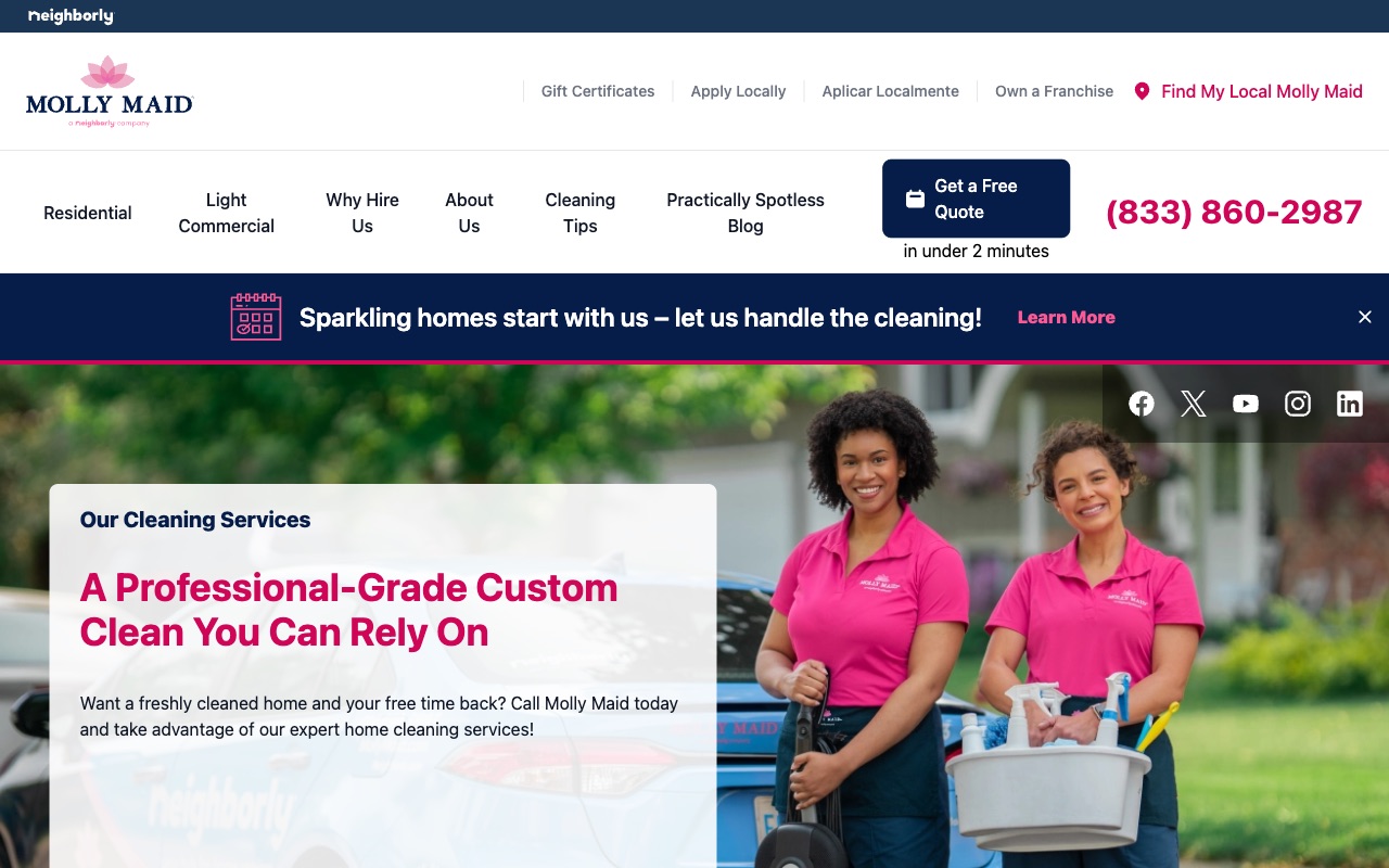 Molly Maid homepage with Get a Free Quote CTA, phone number in header, and uniformed employee hero image