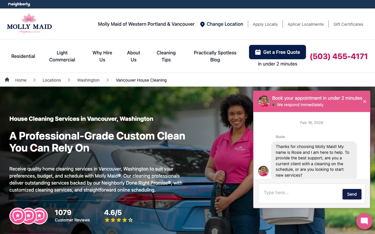 Molly Maid location page showing 1079 reviews at 4.6 stars, local phone number, and Book in under 2 minutes chat widget