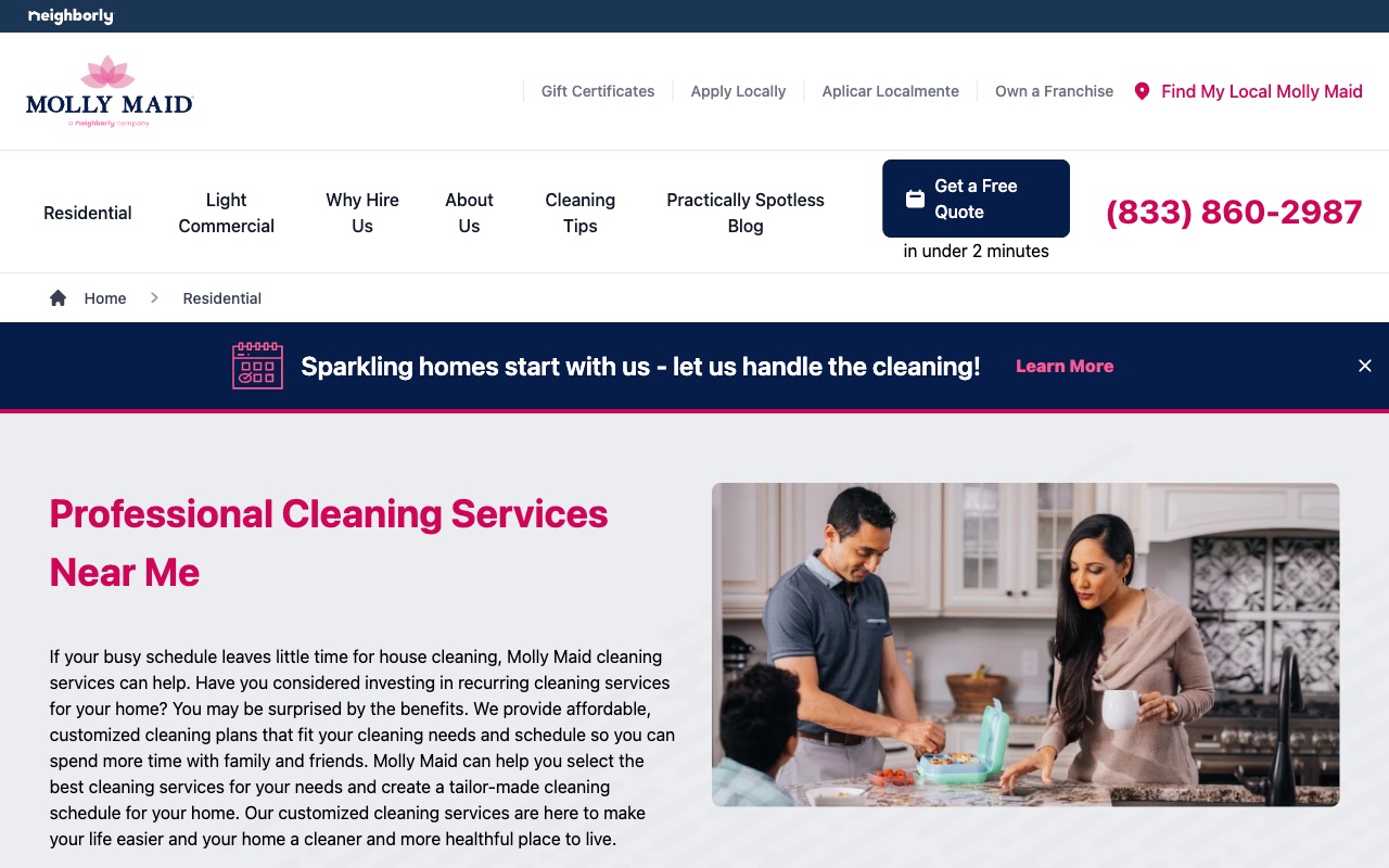 Molly Maid services page showing cleaning service categories with named customer testimonials