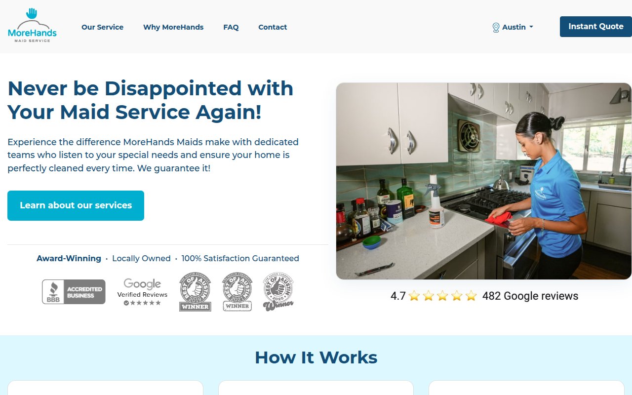 MoreHands guarantee page with 100-dollar no-cancel promise and quality control inspector details