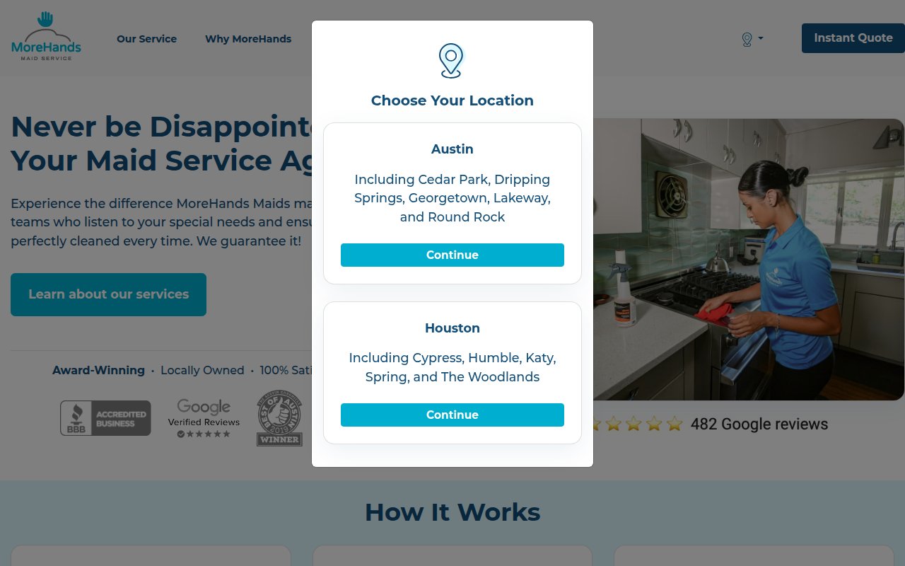 MoreHands Maid Service homepage with Instant Quote button, Best of Austin awards, and nearly 25 years badge