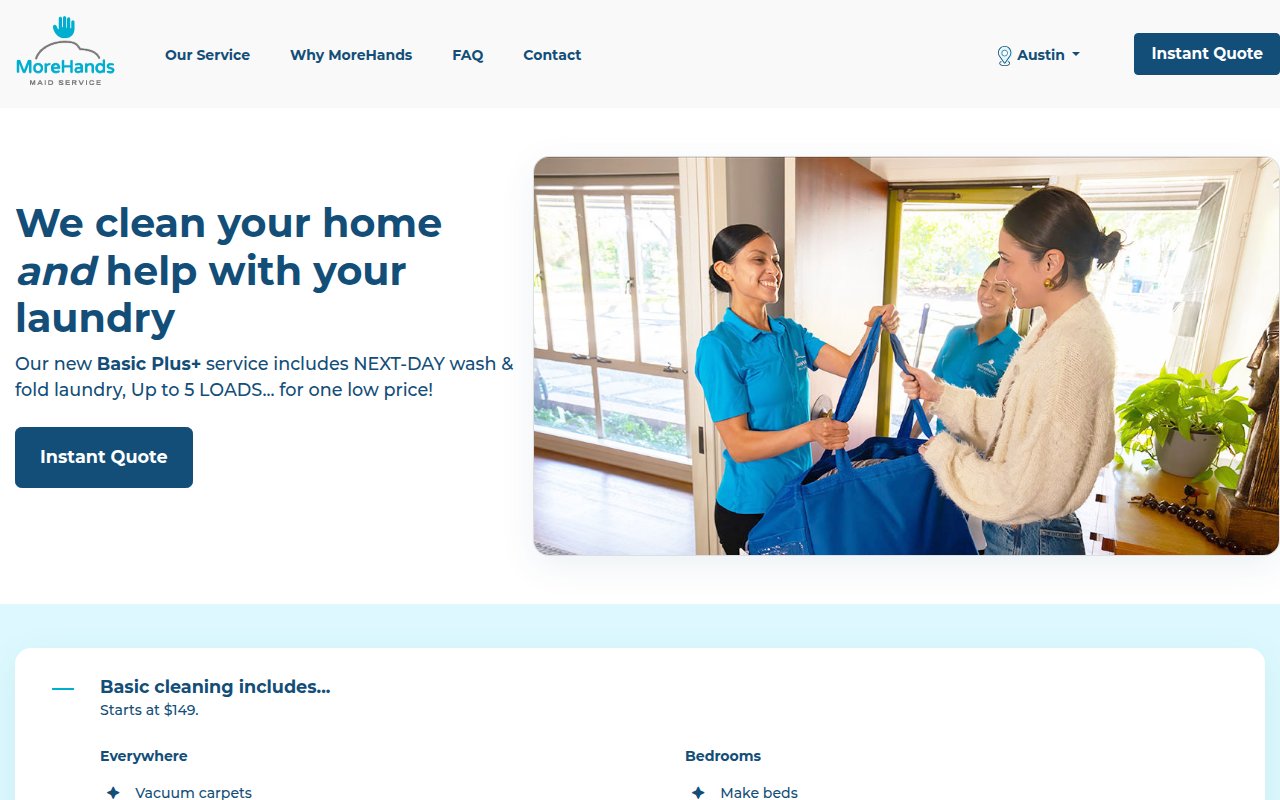 MoreHands services page showing cleaning options for Austin and Houston metro areas