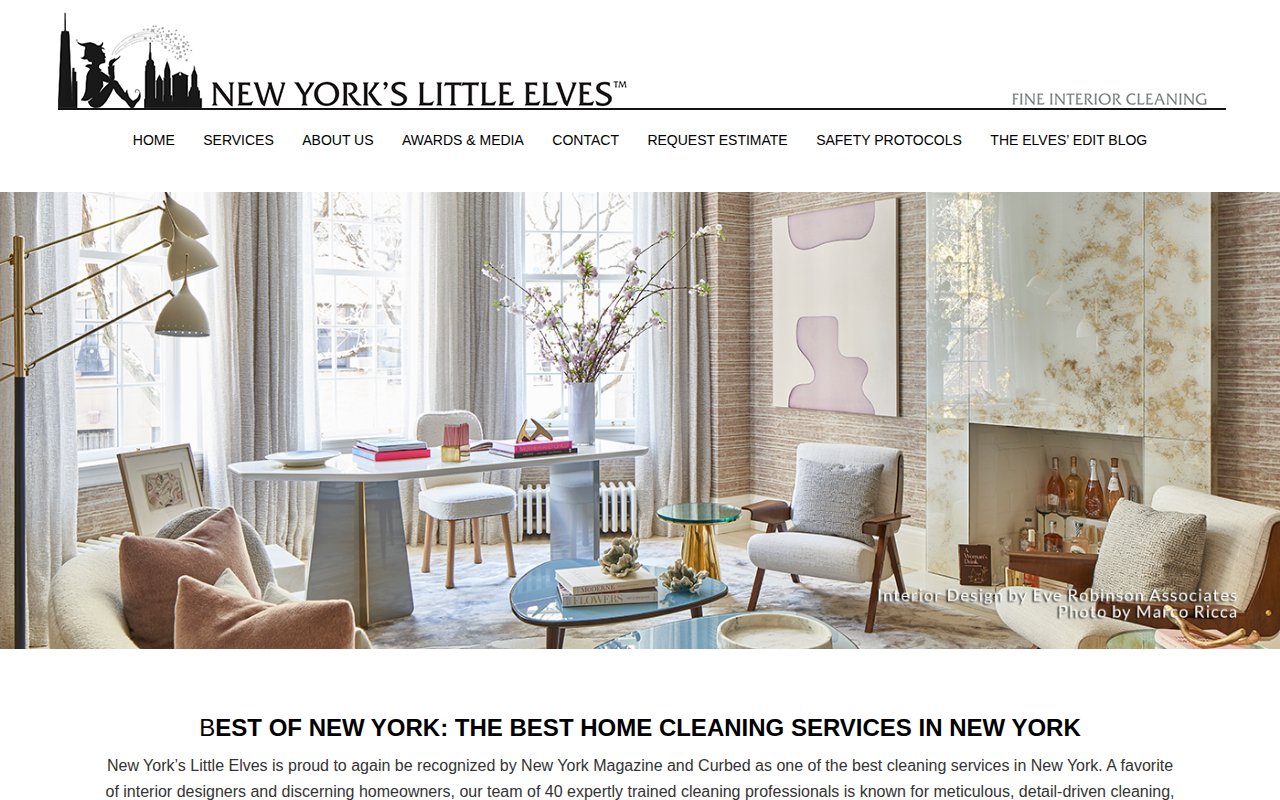 New York's Little Elves homepage with luxury interior photography and Request Estimate CTA