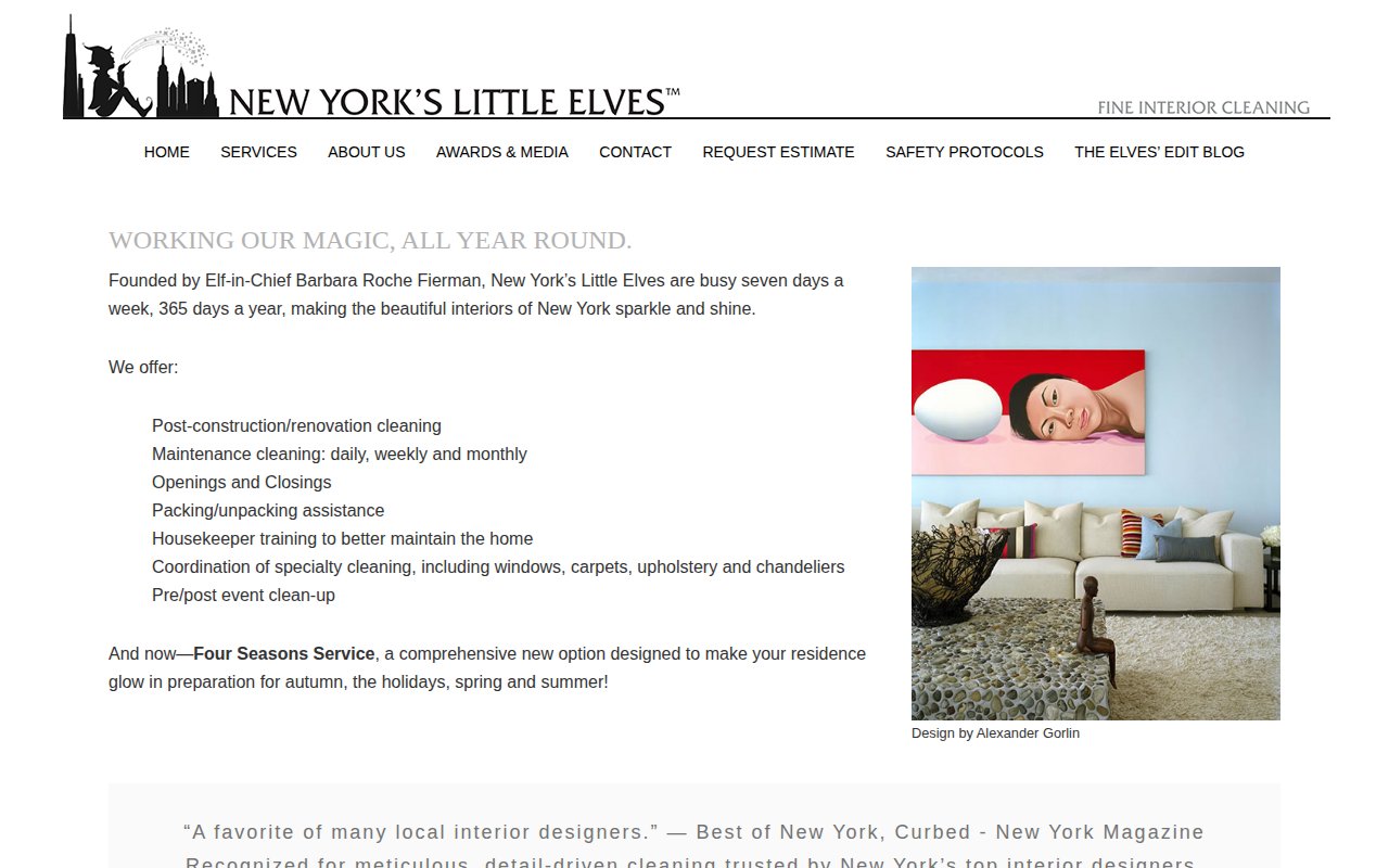 New York's Little Elves services page showing post-construction, move-in and move-out, and recurring luxury cleaning