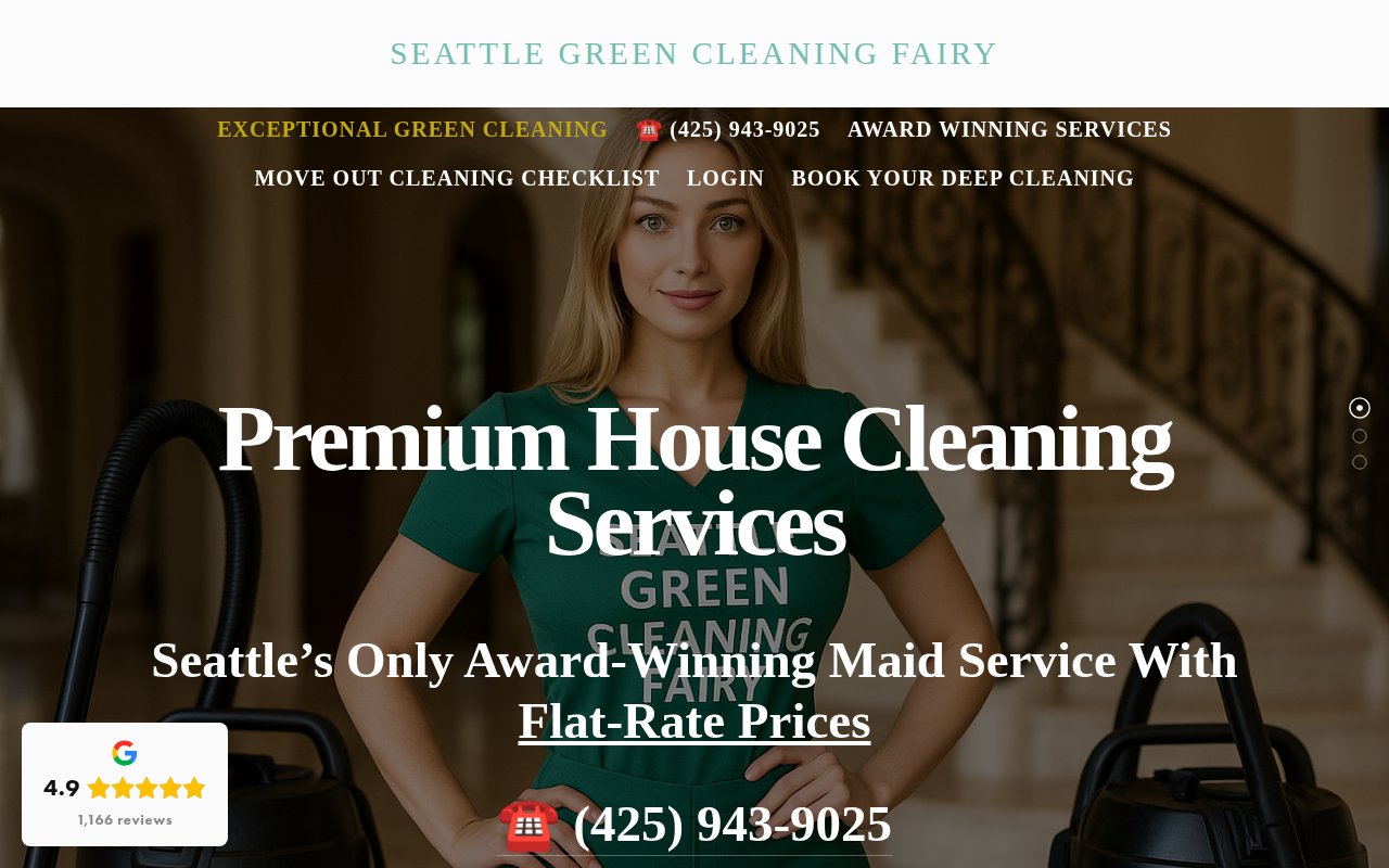 Seattle Green Cleaning Fairy homepage with whimsical fairy branding, Book Your Deep Cleaning CTA, and 4.7 stars from 1323 reviews