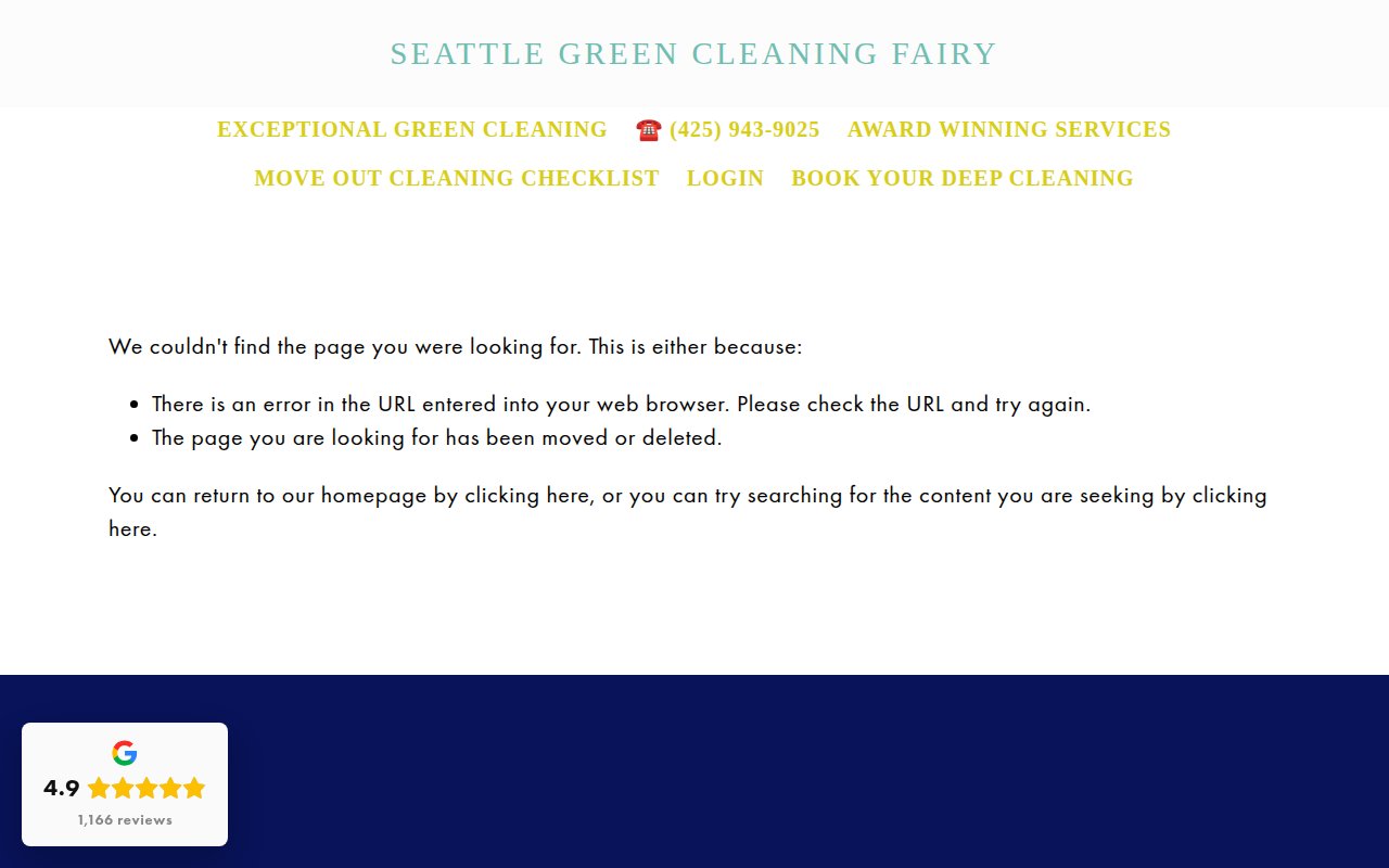 Seattle Green Cleaning Fairy services page showing cleaning types with booking CTAs