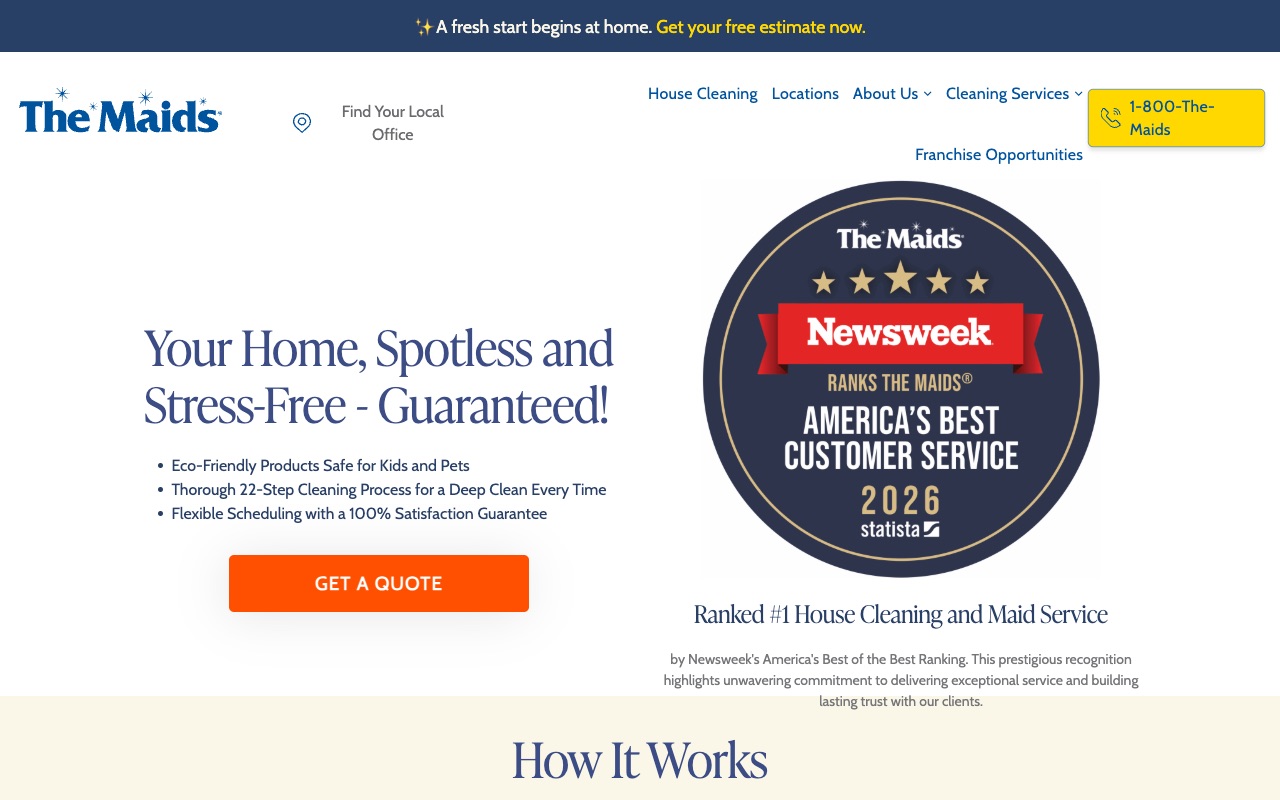 The Maids homepage with 1-800-THE-MAIDS vanity number, Newsweek #1 badge, and inline quote form