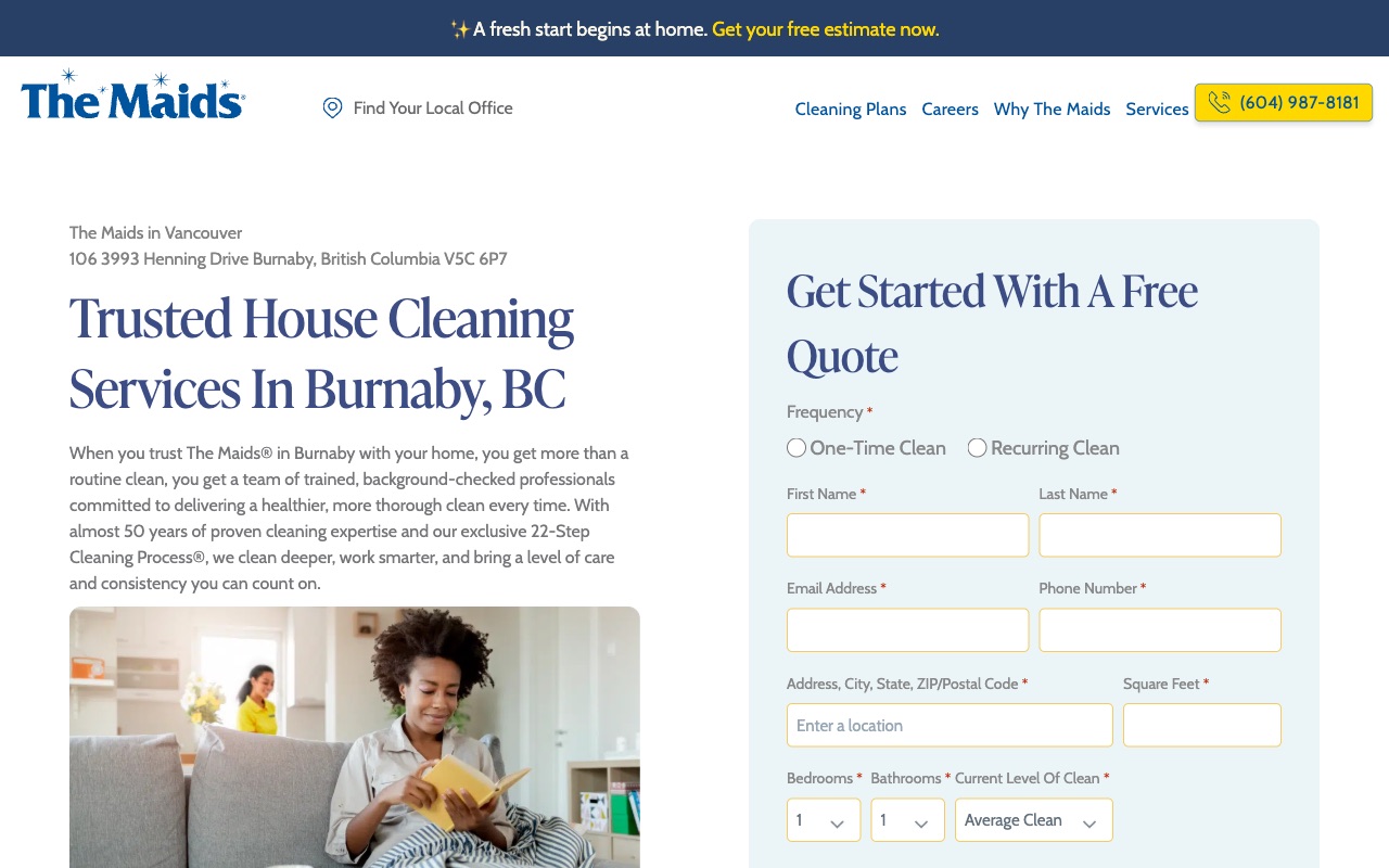 The Maids Vancouver location page with Meet the Owner section, embedded Google reviews, and quote form