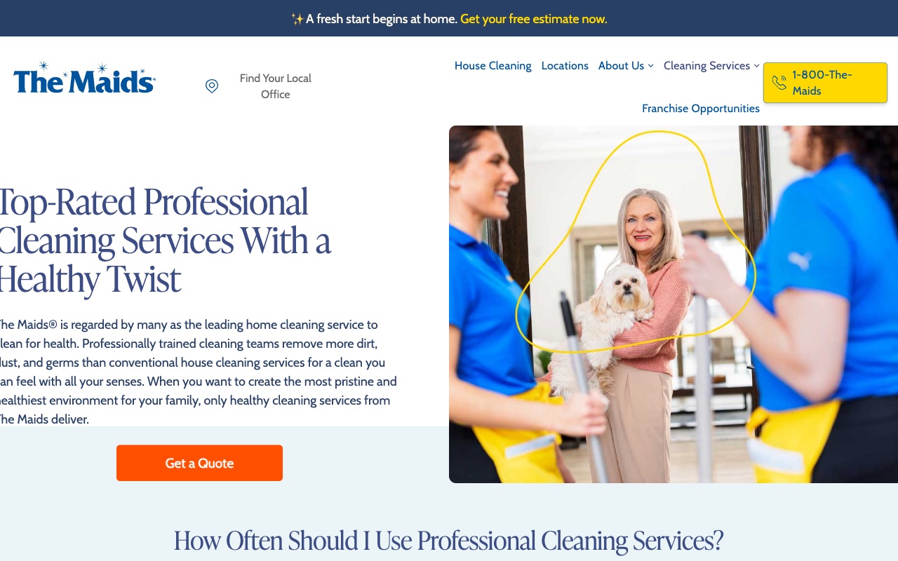 The Maids services page showing 22-step cleaning process and service categories