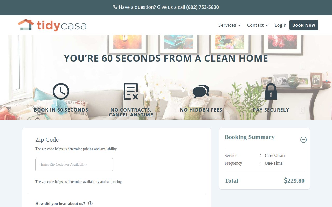 Tidy Casa online booking page with room count selector, time picker, and instant price calculation
