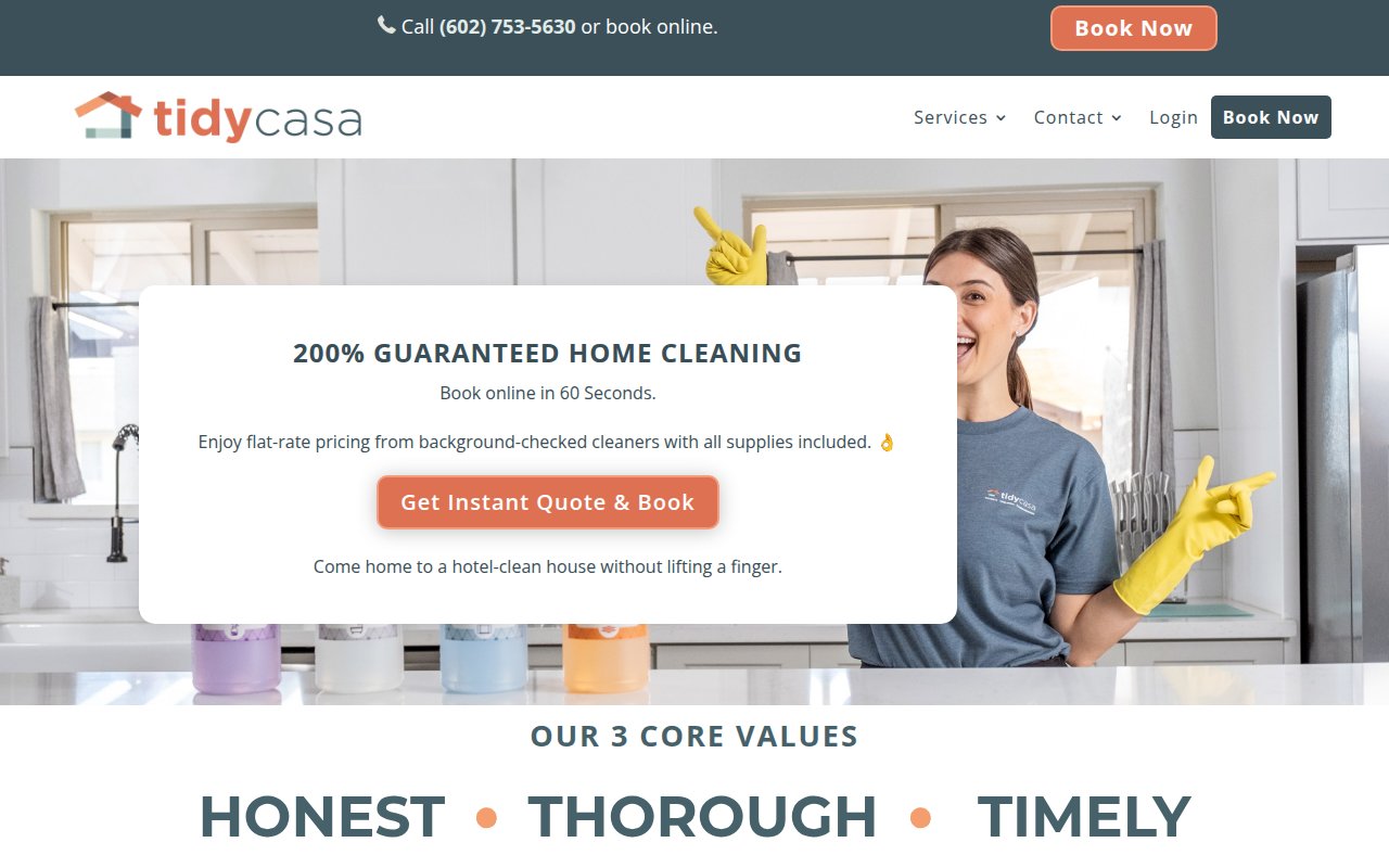 Tidy Casa homepage with online booking CTA and 200 percent satisfaction guarantee badge