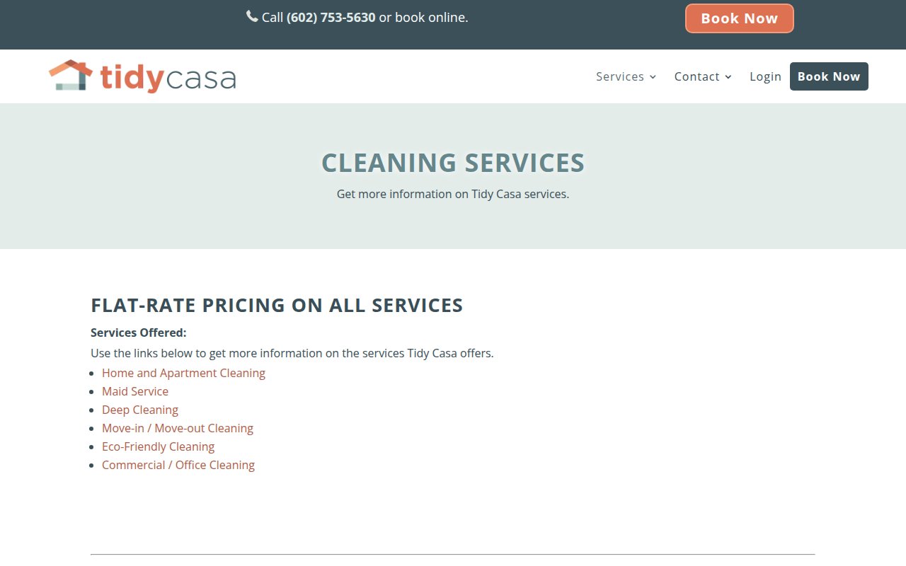Tidy Casa services page showing house cleaning, maid service, and deep cleaning across nine Arizona cities