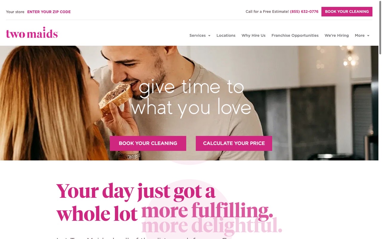 Two Maids homepage with animated hero text, Book Your Cleaning and Calculate Your Price dual CTAs, and Featured In media logos
