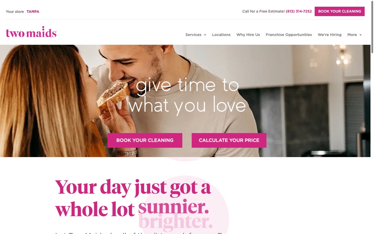 Two Maids Tampa location page with local phone number, neighborhood service area list, and Book Your Cleaning CTA