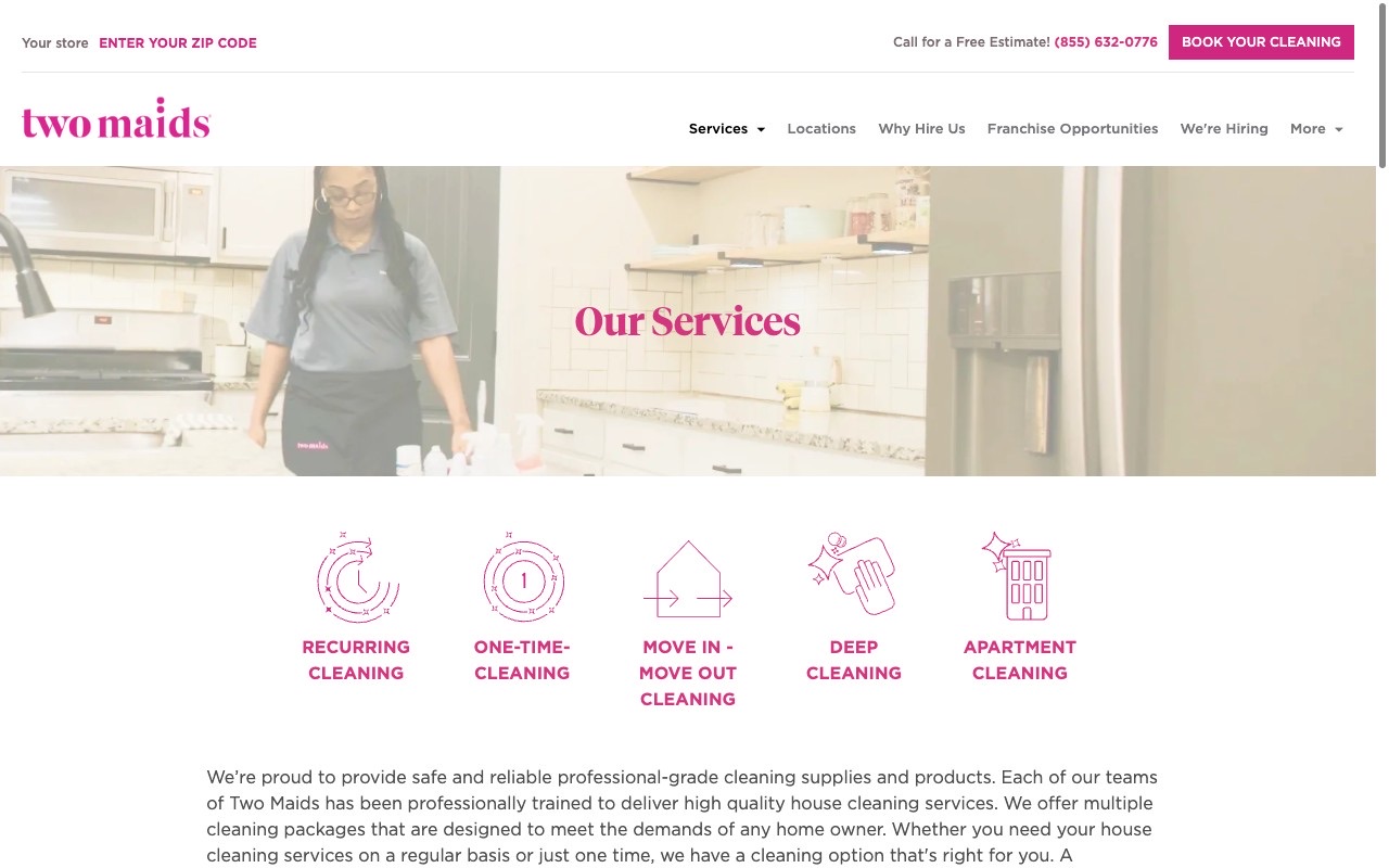 Two Maids services page showing five service categories with real employee photo and booking CTA