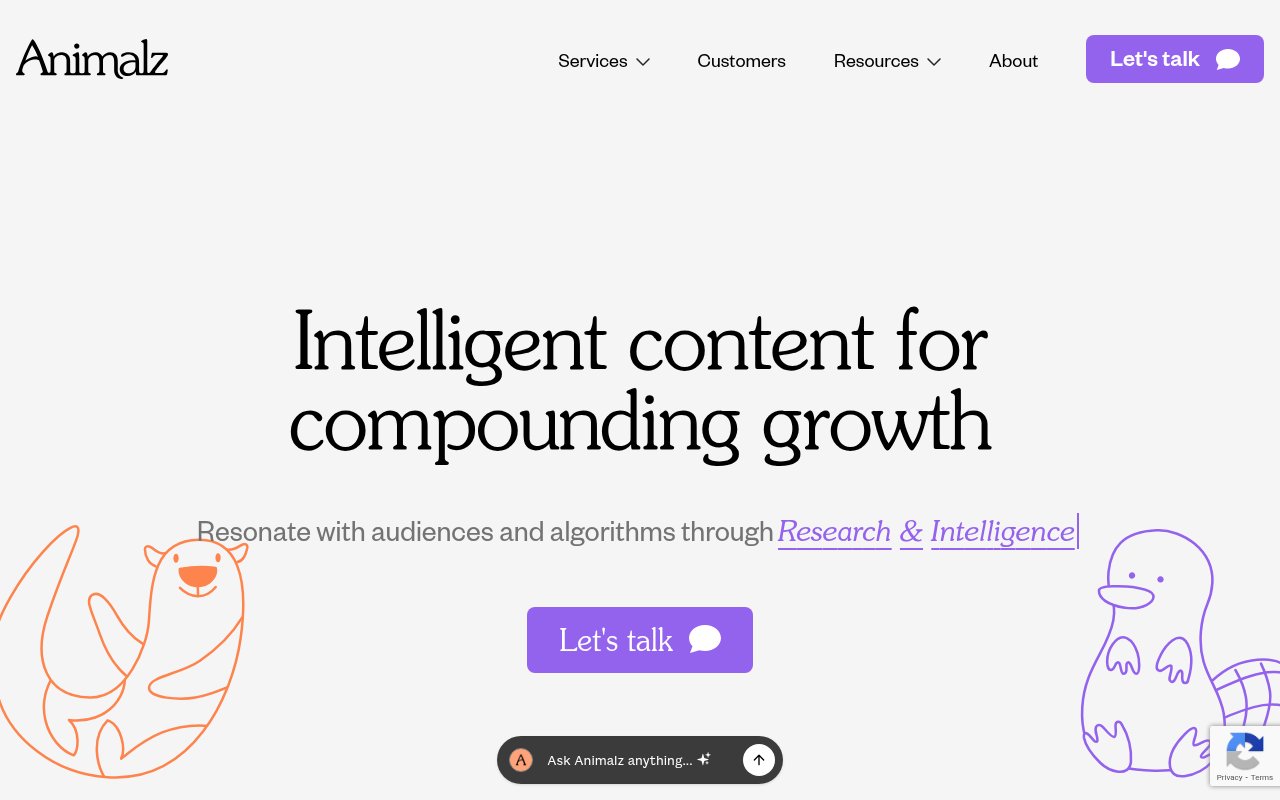 Animalz homepage with playful animal illustrations, 'Intelligent content for compounding growth' headline, and AI chatbot