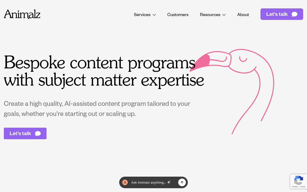 Animalz content and SEO services page with service breakdowns
