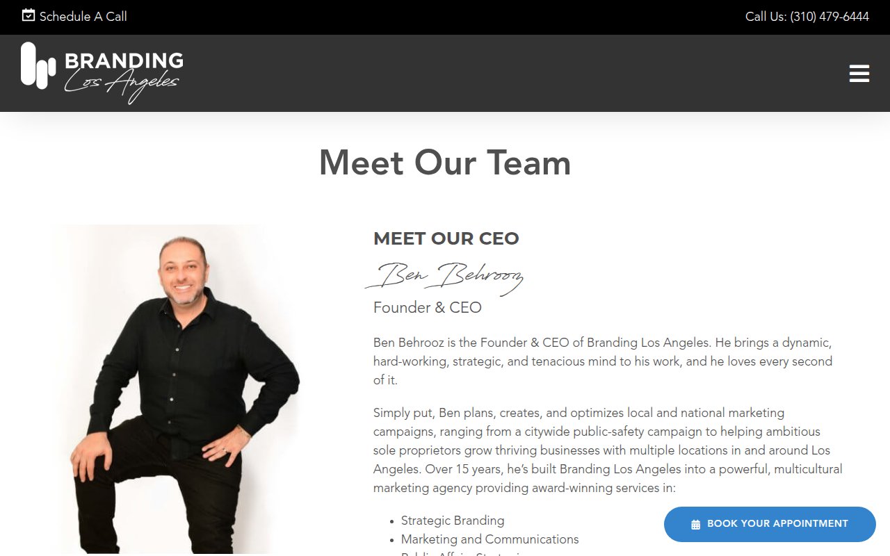 Branding Los Angeles team page with staff profiles