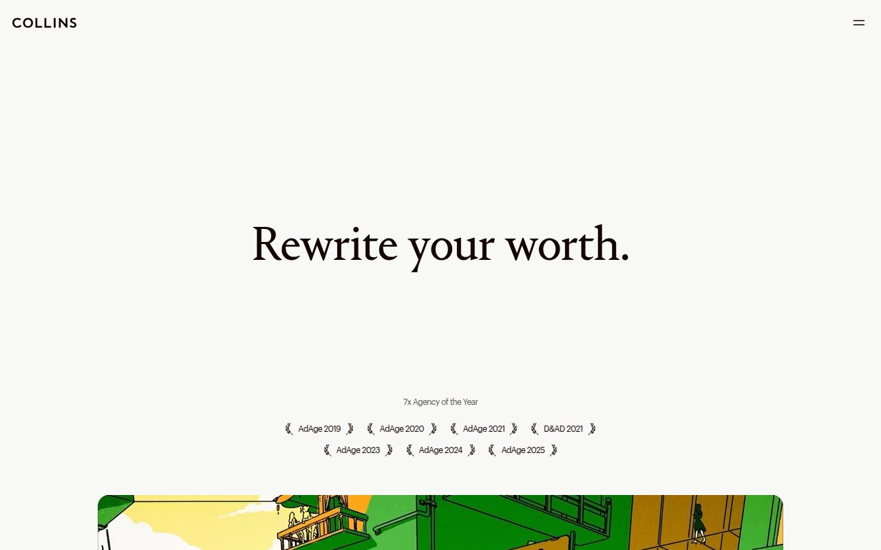 Collins homepage with 'Rewrite your worth.' headline in serif typography and 7x Agency of the Year laurels