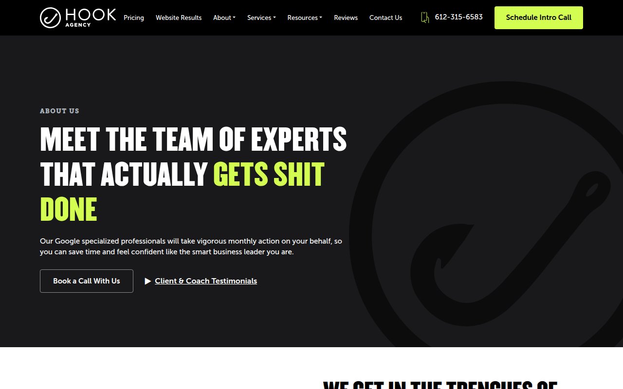 Hook Agency about page with team bios and company story