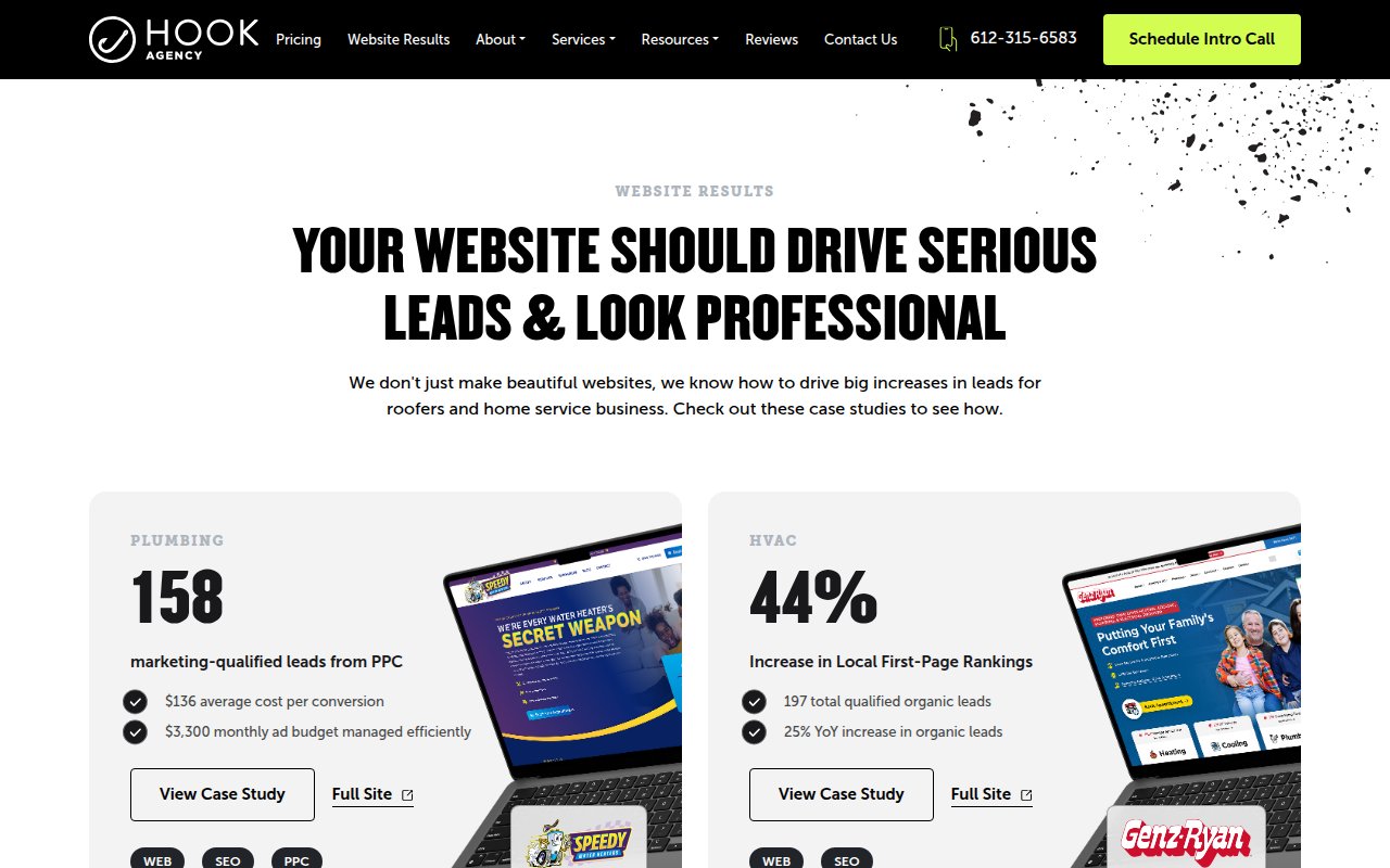 Hook Agency case studies page featuring roofing and home service marketing results