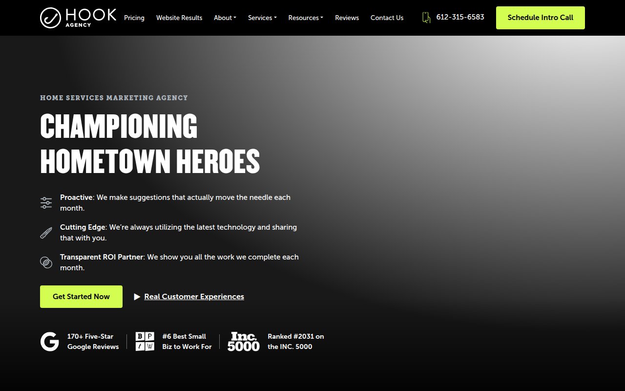 Hook Agency homepage with 'Championing Hometown Heroes' headline, lime green CTAs, and trust badges