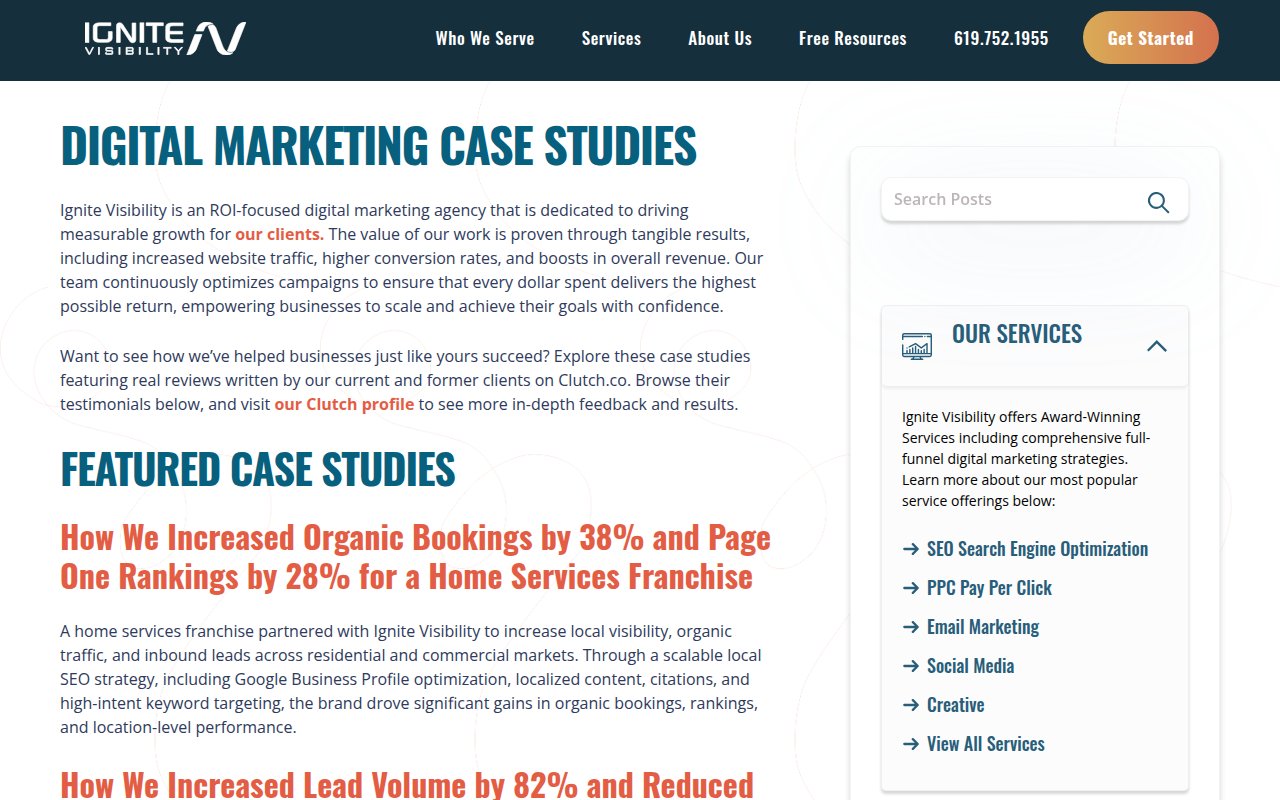 Ignite Visibility case studies page with cross-industry marketing results