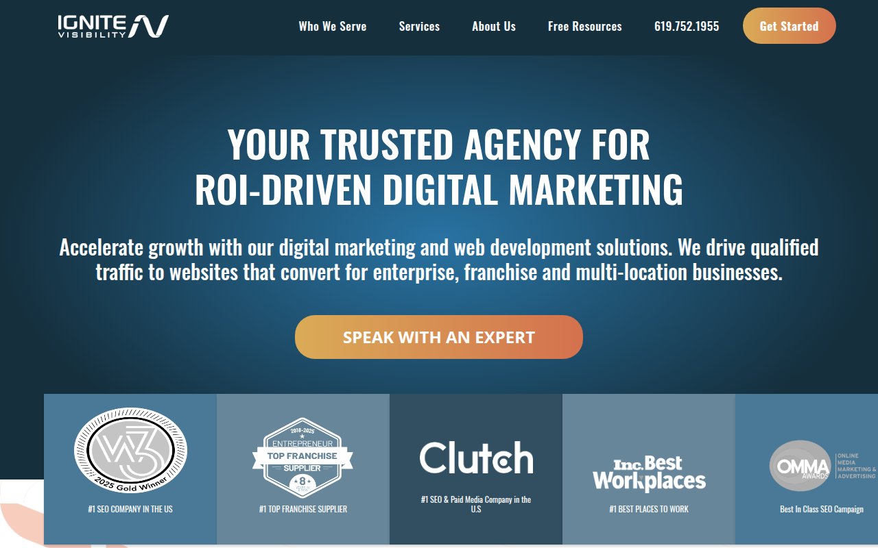 Ignite Visibility homepage with ROI-driven headline and award badge row including #1 SEO Company