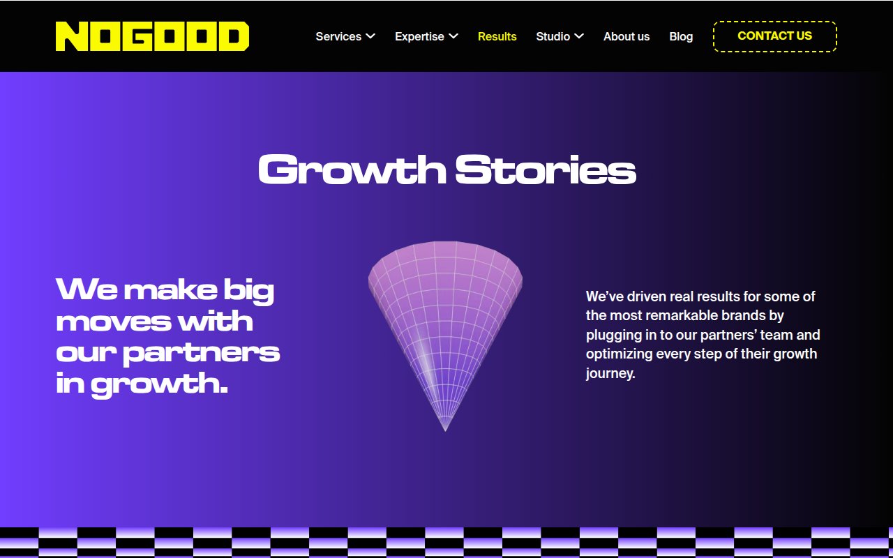 NoGood results page showing growth marketing case studies and success metrics
