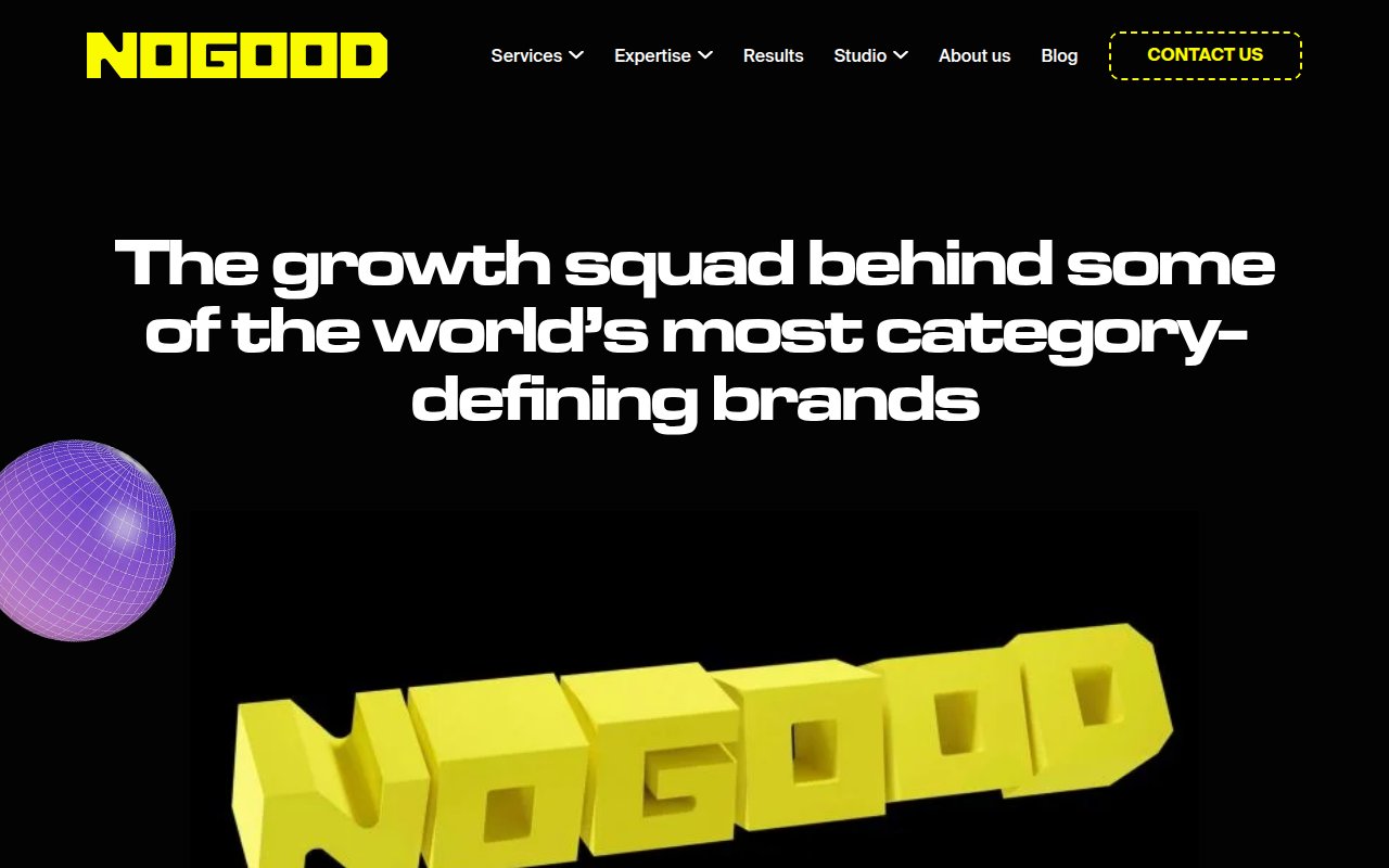 NoGood homepage with bold 3D yellow logo animation on black background and 'category-defining brands' headline