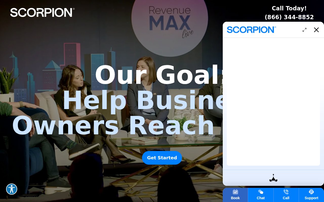 Scorpion about page with company story, testimonials, and partnership details