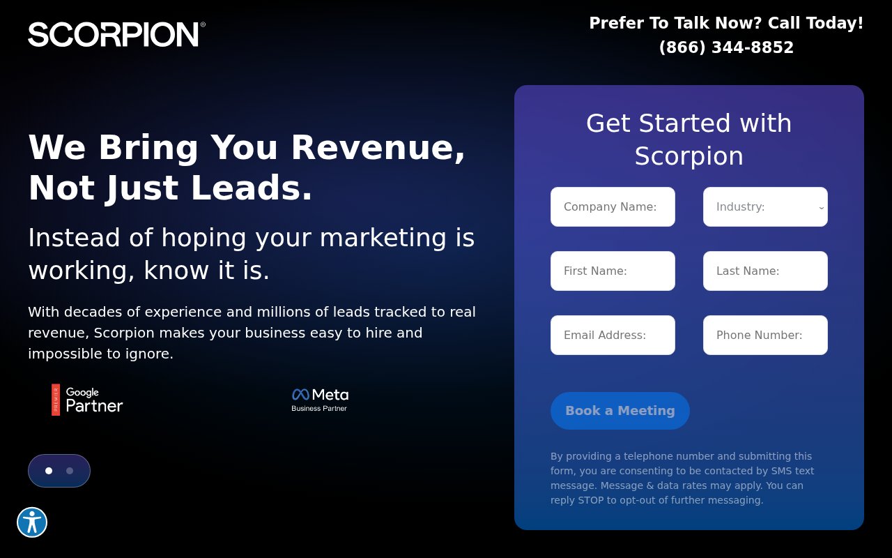 Scorpion get started page with meeting scheduler and consultation booking