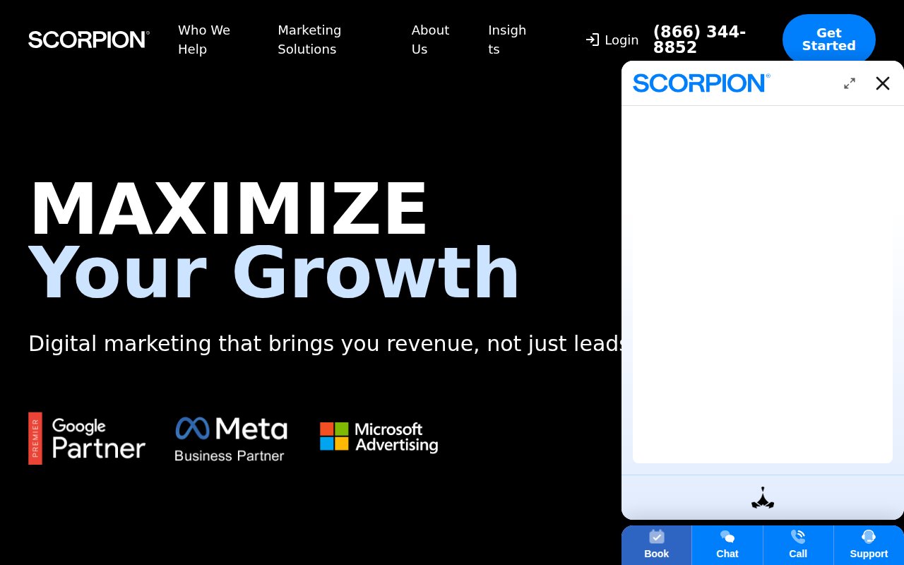 Scorpion homepage with 'MAXIMIZE Your Growth' headline, partner badges, and sticky Book/Chat/Call/Support bar