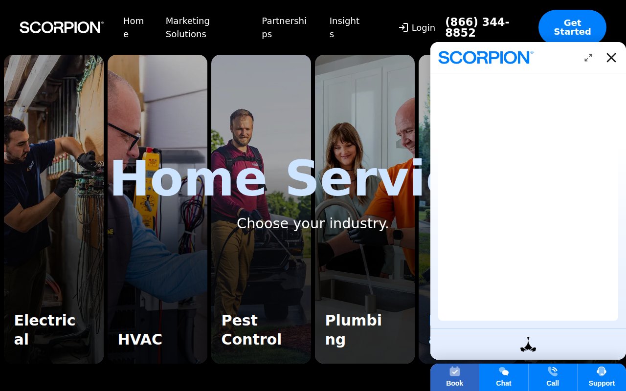 Scorpion home services marketing page with industry-specific solutions