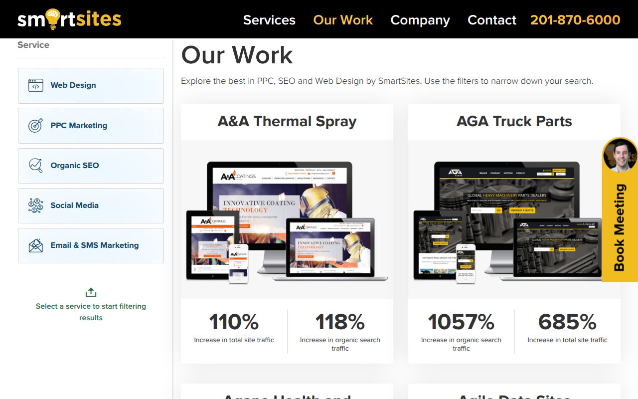 SmartSites work portfolio showing PPC, SEO, and web design results
