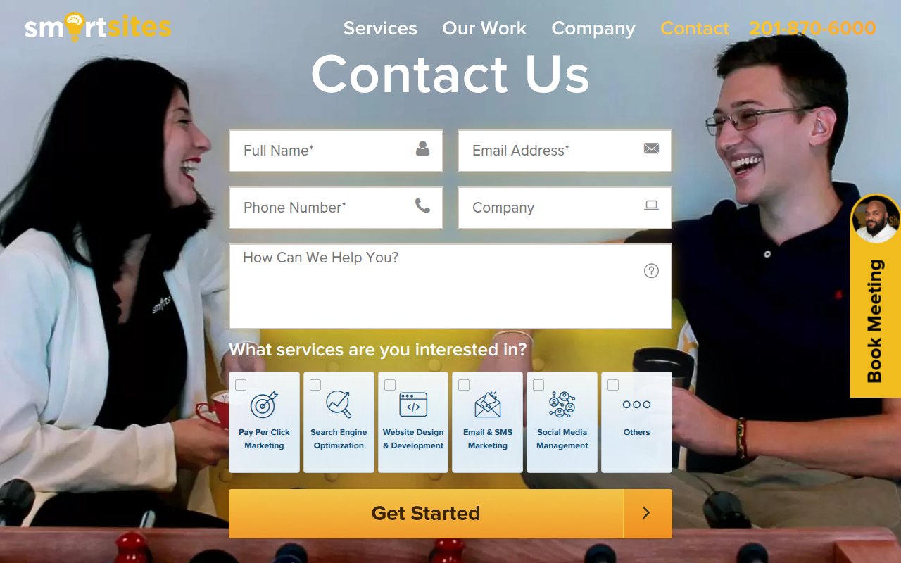 SmartSites contact page with phone number, email, and meeting scheduler