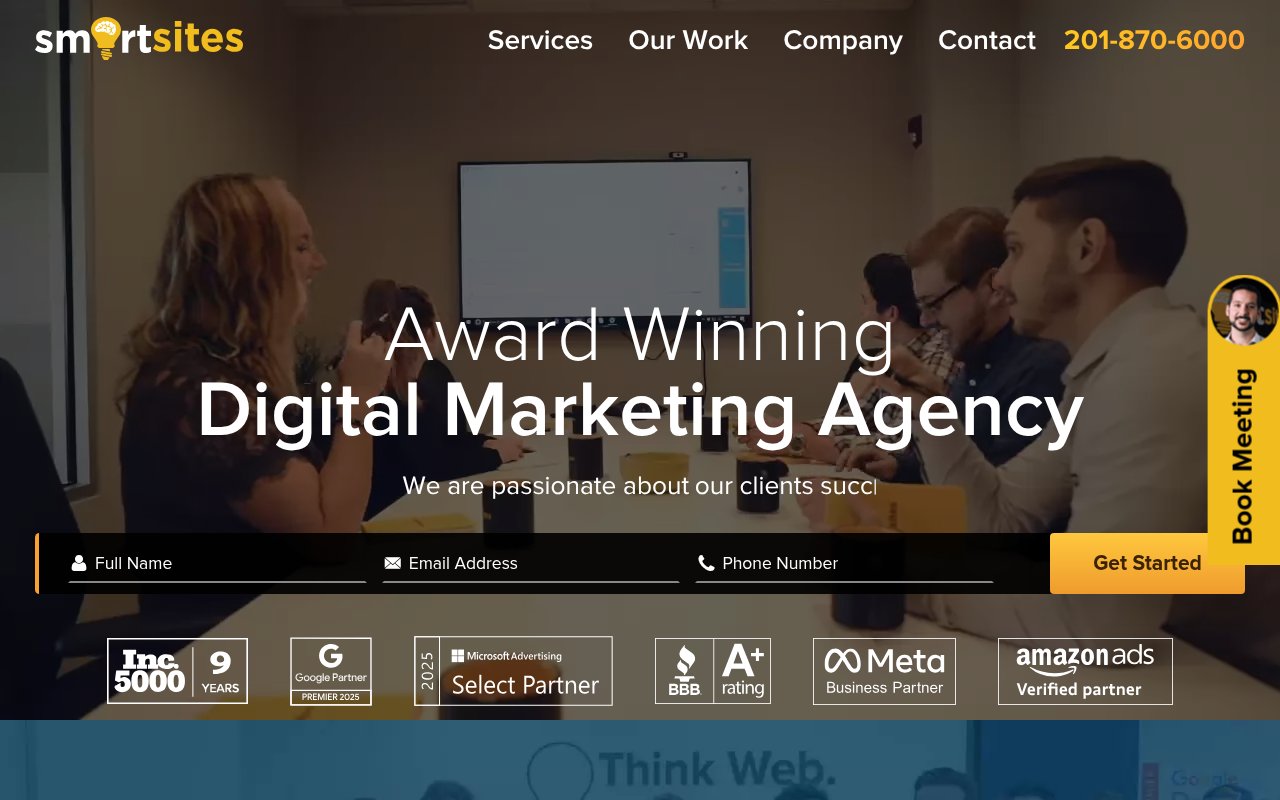 SmartSites homepage with inline lead capture form and partner badge wall including Inc. 5000 and Google Premier Partner