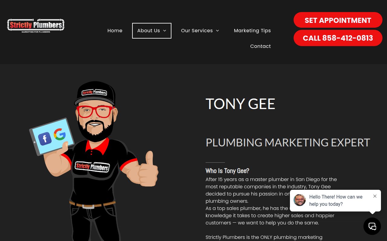 Strictly Plumbers about page with founder story of 15 years as a plumber