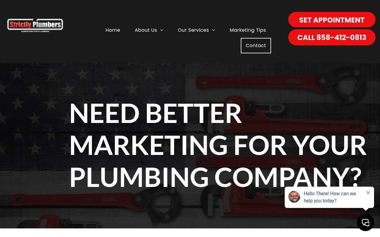 Strictly Plumbers contact page with phone number and appointment form