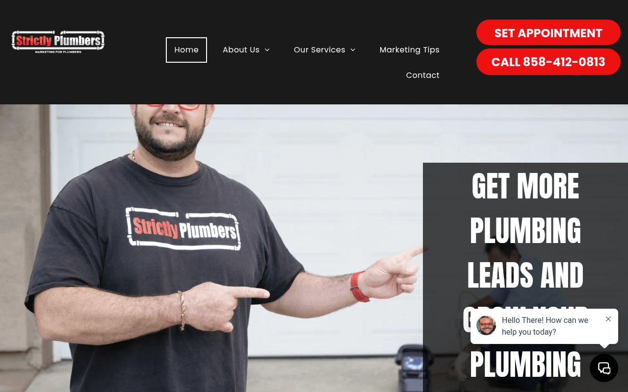 Strictly Plumbers homepage with founder Tony Gee photo, red CTA buttons, and 'Get More Plumbing Leads' headline