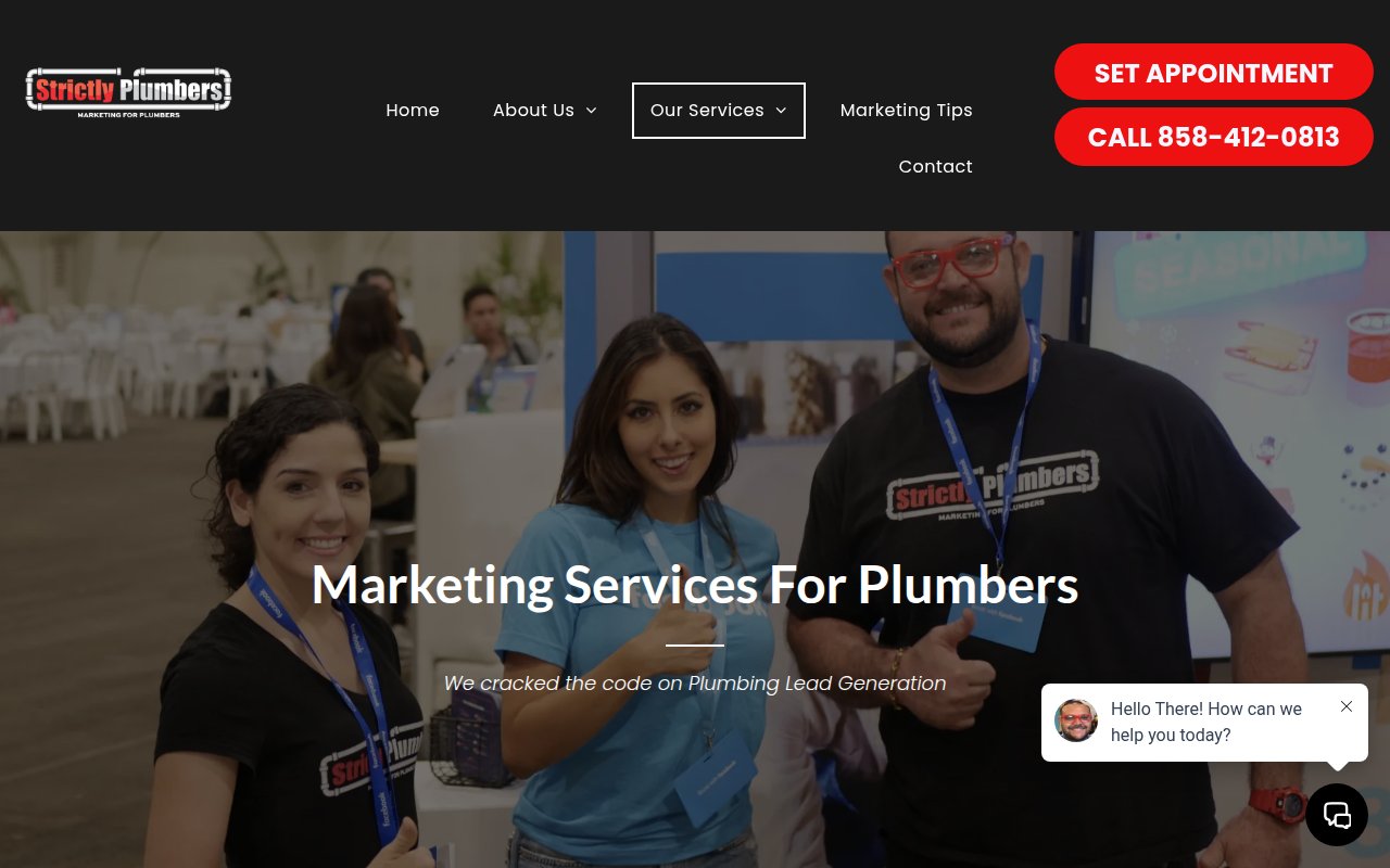 Strictly Plumbers marketing services page for plumbing companies