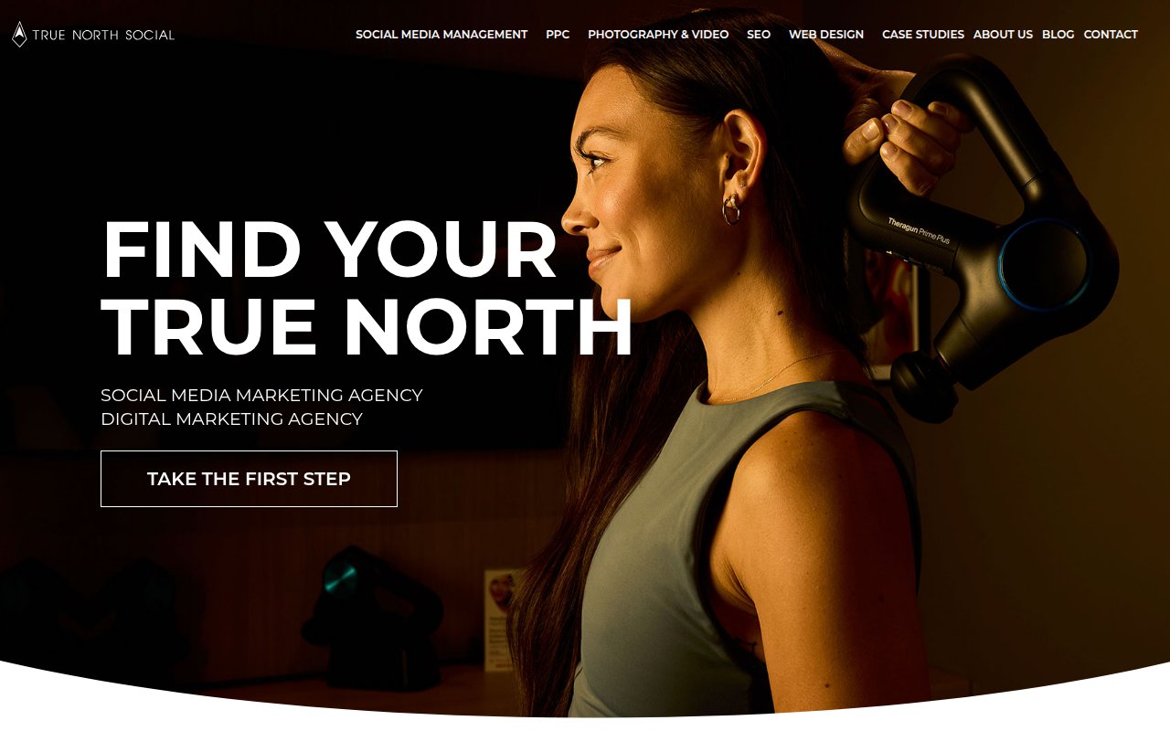 True North Social homepage with 'Find Your True North' hero and comprehensive service navigation