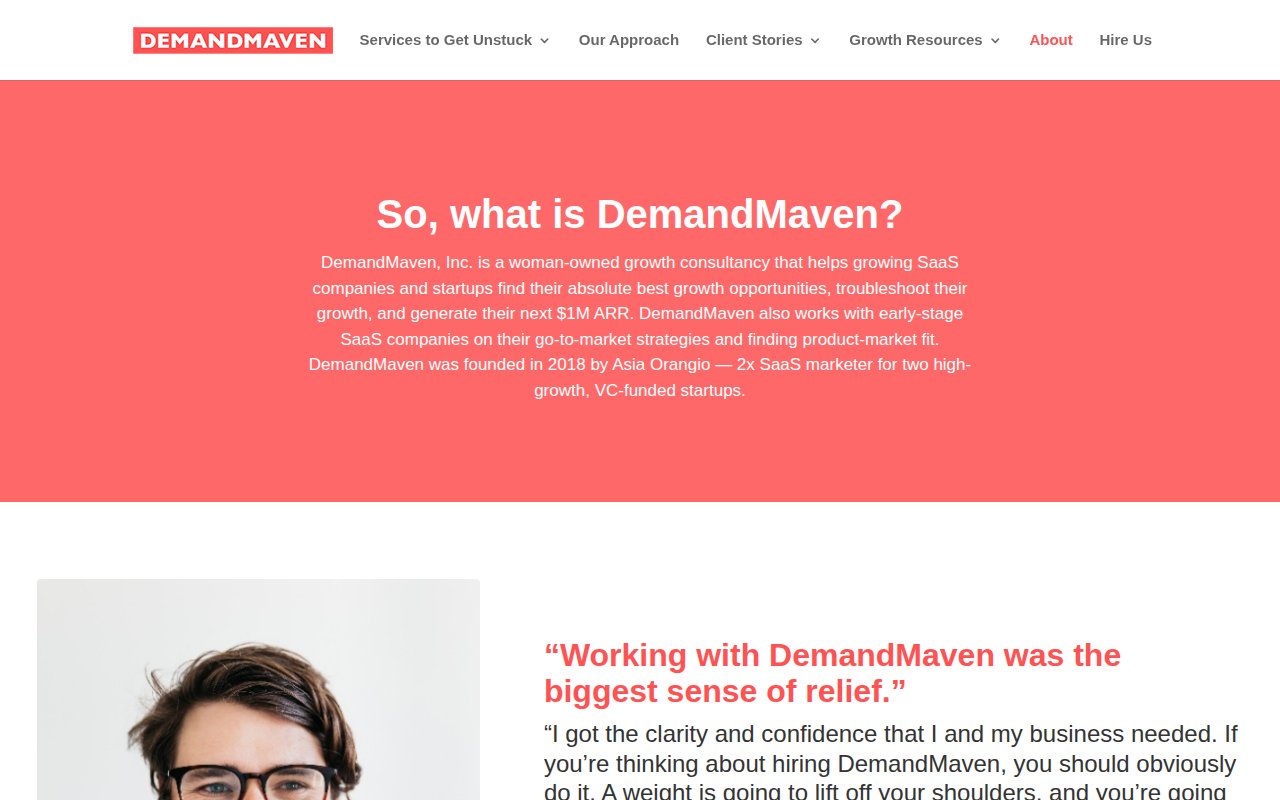DemandMaven about page with Asia Orangio founder story, team members, and consulting philosophy