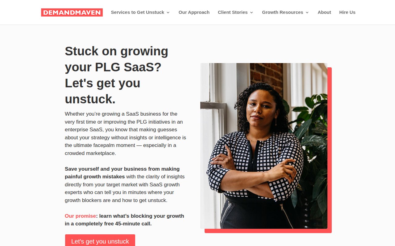 DemandMaven homepage with Asia Orangio photo, SaaS growth messaging, and free 45-minute call CTA
